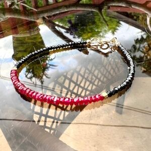 Natural Black Spinel and Ruby Bracelet Handmade in Solid 14k Yellow Gold